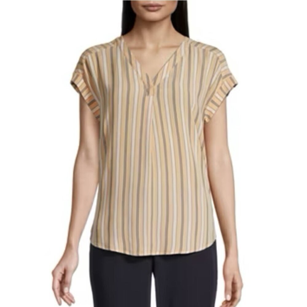 Liz Claiborne Women's V Neck Short Sleeve Blouse Size XS Apricot Stripe NWT $40